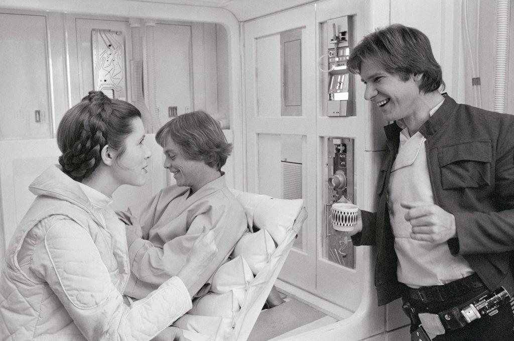 2. Star Wars (1977) – Mark Hamill, Carrie Fisher, and Harrison Ford Laughing Between Takes